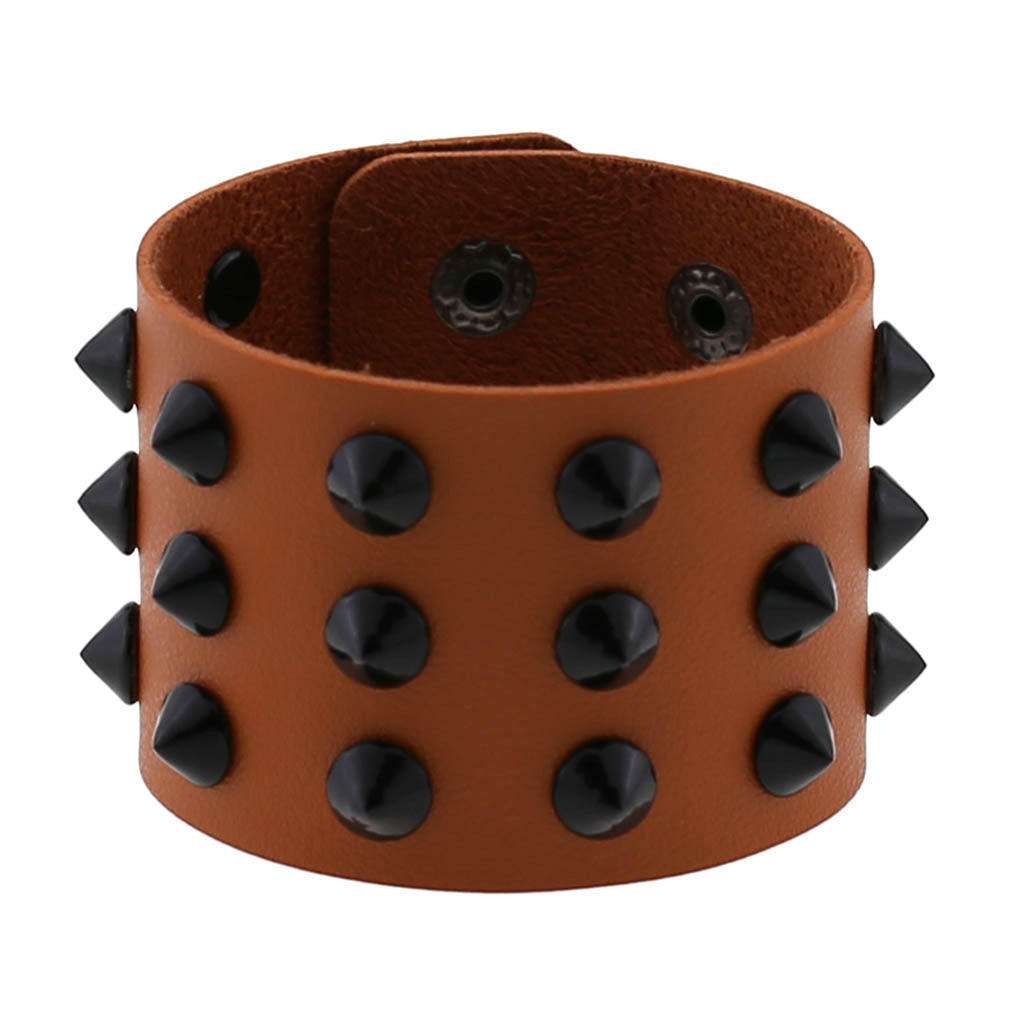 Exaggerated Black Tapered Pointed Rivet Three-row Leather Bracelets