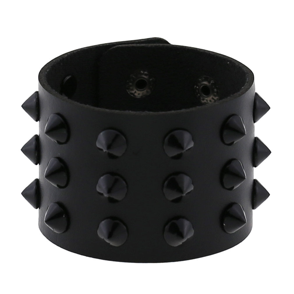 Exaggerated Black Tapered Pointed Rivet Three-row Leather Bracelets