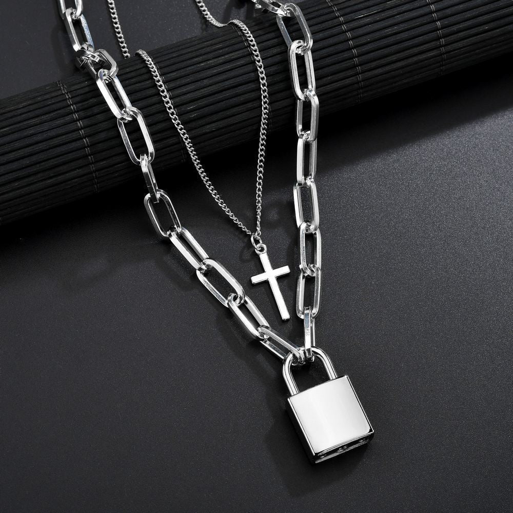 Women's Punk Hip Hop Cross Lock Double Layer Necklaces