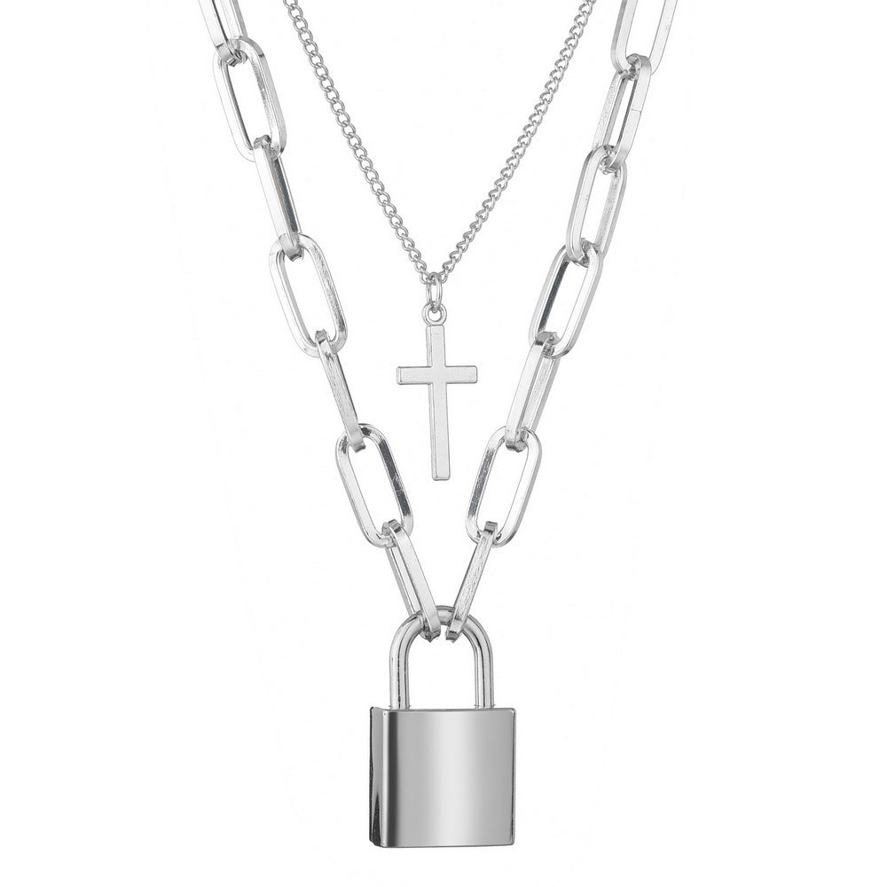 Women's Punk Hip Hop Cross Lock Double Layer Necklaces