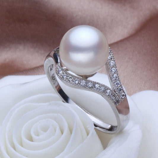 Broadcast Sier Pearl Open Mouth Zircon Female Copper Plated Rings