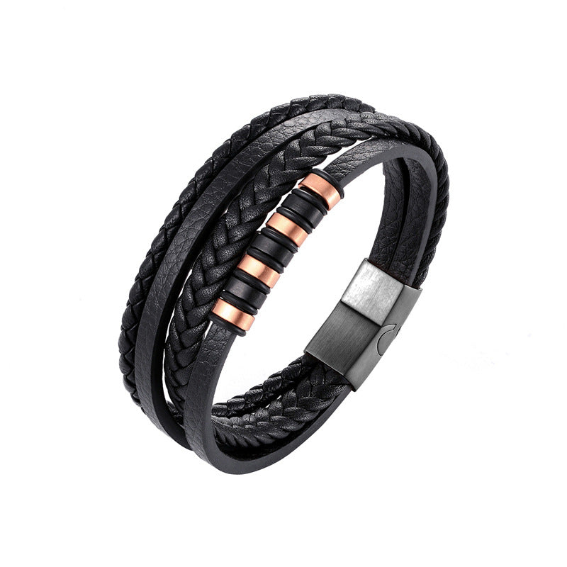 Men's Stainless Steel Black Authentic Leather Weave Bracelets