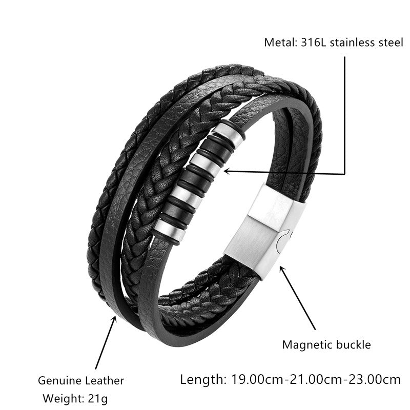 Men's Stainless Steel Black Authentic Leather Weave Bracelets