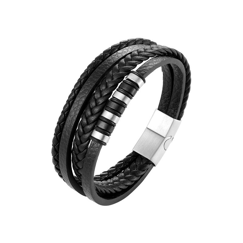 Men's Stainless Steel Black Authentic Leather Weave Bracelets