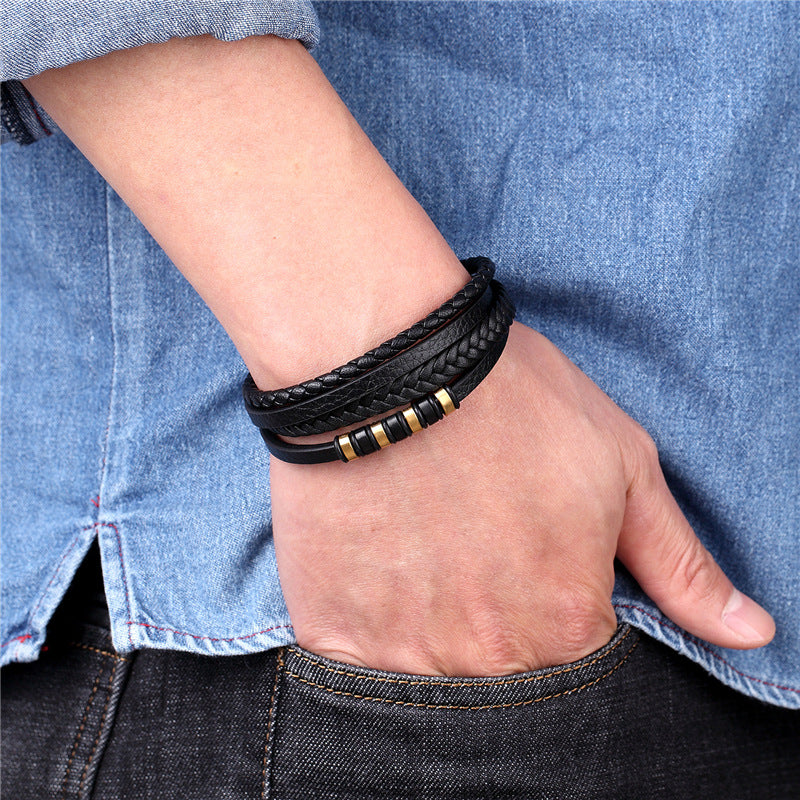 Men's Stainless Steel Black Authentic Leather Weave Bracelets