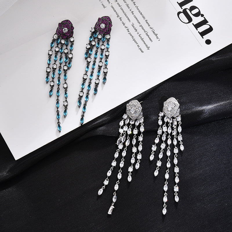 Sier Needle Micro Inlaid Zircon Rose Earrings