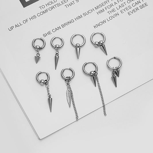 Rock Rivet Cone Stainless Steel Punk Feather Chain Tassel Ear Rings