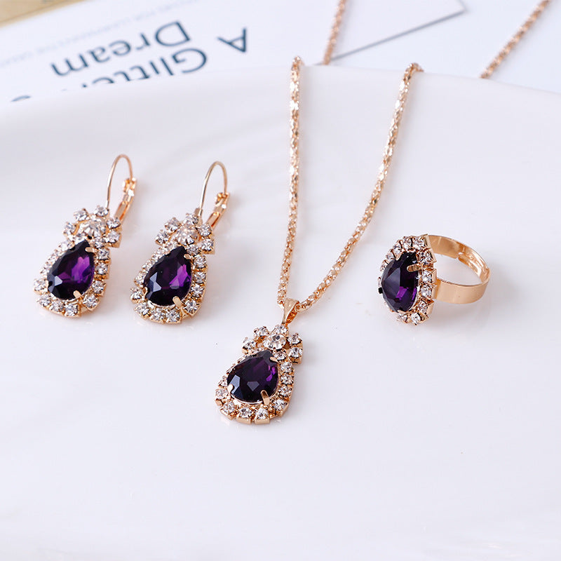 Glamorous Water Drop Rhinestone Bridal Three-piece Jewelry Set