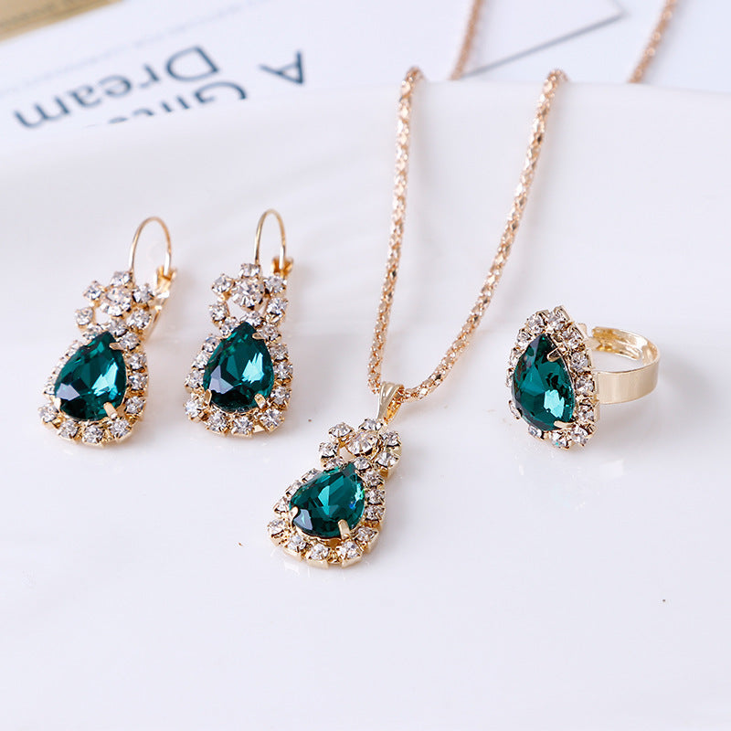 Glamorous Water Drop Rhinestone Bridal Three-piece Jewelry Set