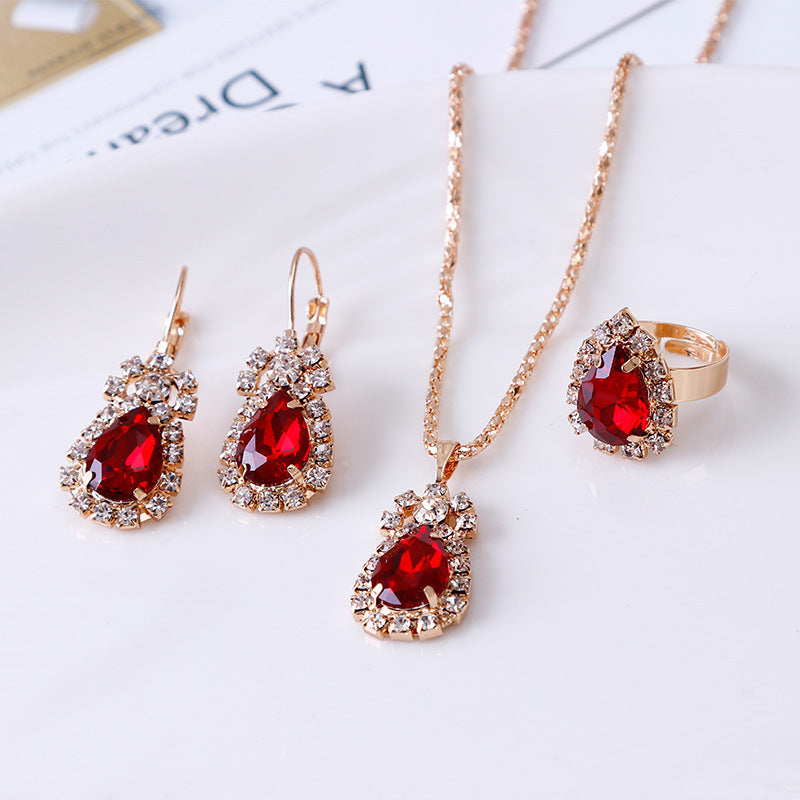 Glamorous Water Drop Rhinestone Bridal Three-piece Jewelry Set