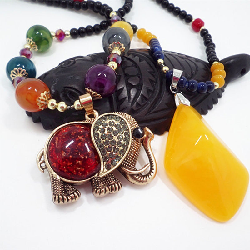 Elephant Sweater Chain Long Bohemian Style Yellow Amber Necklace