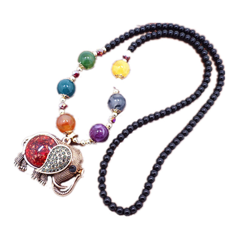 Elephant Sweater Chain Long Bohemian Style Yellow Amber Necklace