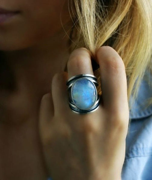 Inlaid Colorful Moonstone Exaggerated Imitation Thai Sier Retro Epoxy Rings