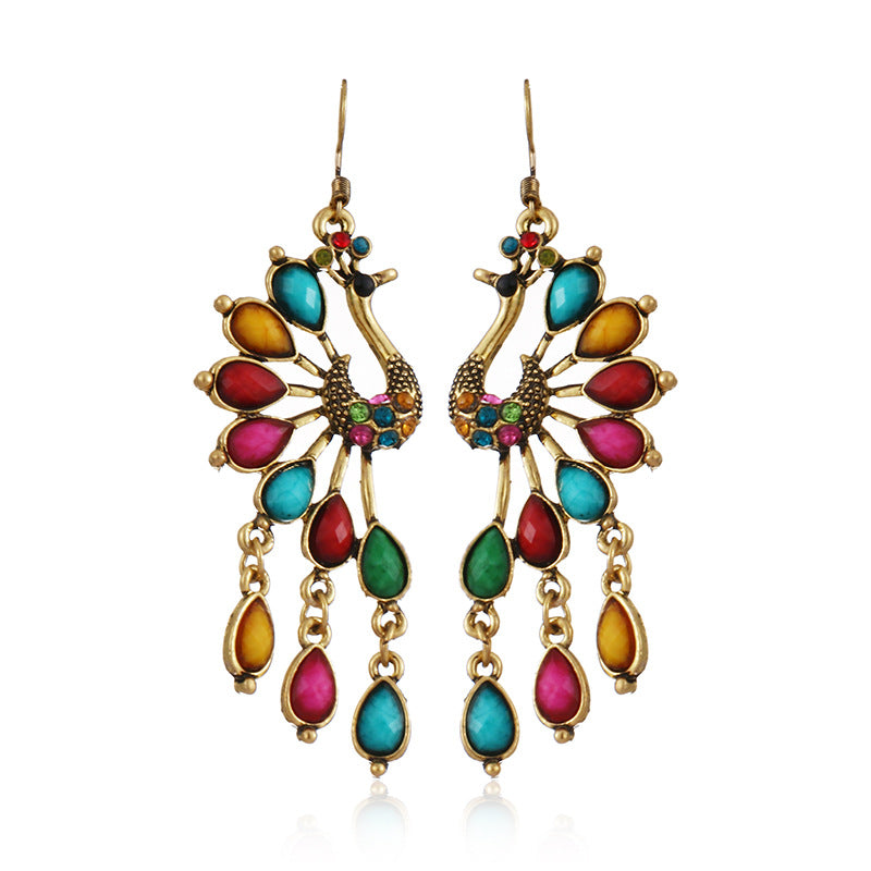 Retro Peacock Ethnic Style Hollow Personalized Dark Green Diamond Metal Earrings
