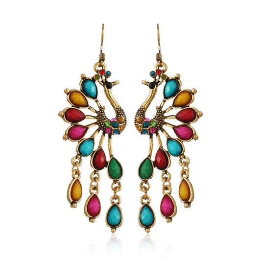 Retro Peacock Ethnic Style Hollow Personalized Dark Green Diamond Metal Earrings