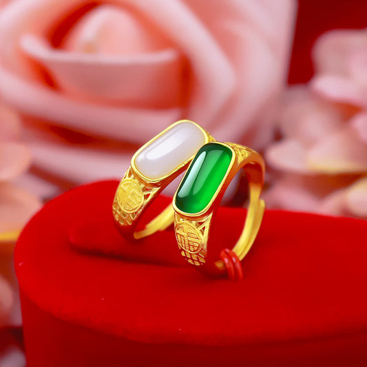 Women's & Men's Jade Fu Character Green Agate Vietnam Placer Rings