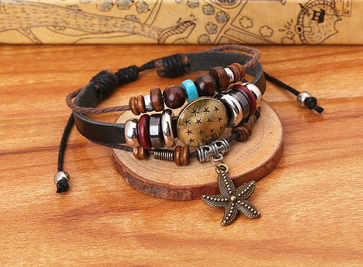 Men's Cattle Leather Vintage Beaded Starfish Pendants