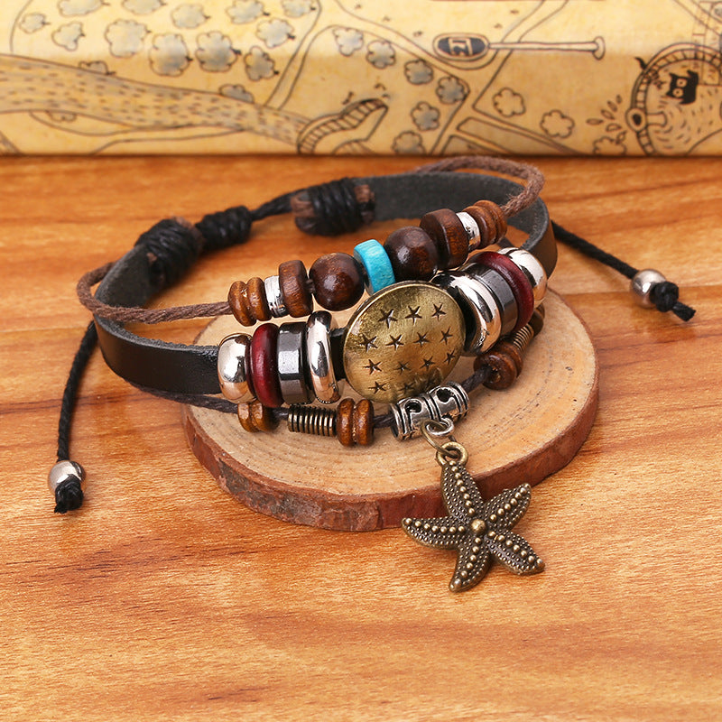 Men's Cattle Leather Vintage Beaded Starfish Pendants