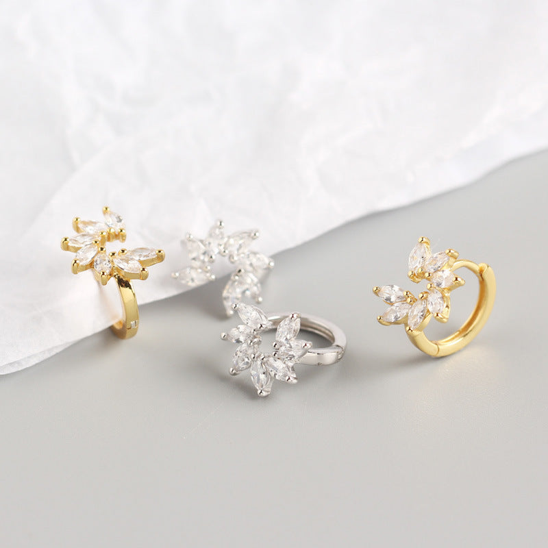 Women's Luxury Sterling Sier Horse Eye Zircon Flower Earclip Stud Earrings