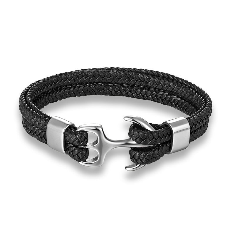 Men's Titanium Steel Black Cowhide Woven Boat Bracelets