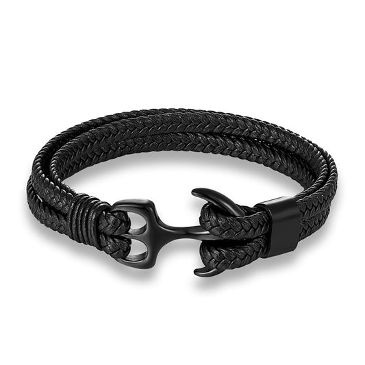 Men's Titanium Steel Black Cowhide Woven Boat Bracelets