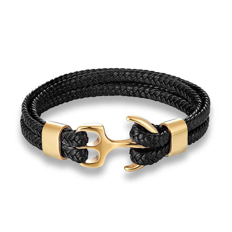 Men's Titanium Steel Black Cowhide Woven Boat Bracelets