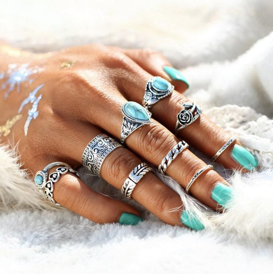Retro Totem Flower Turquoise Set Joint Rings