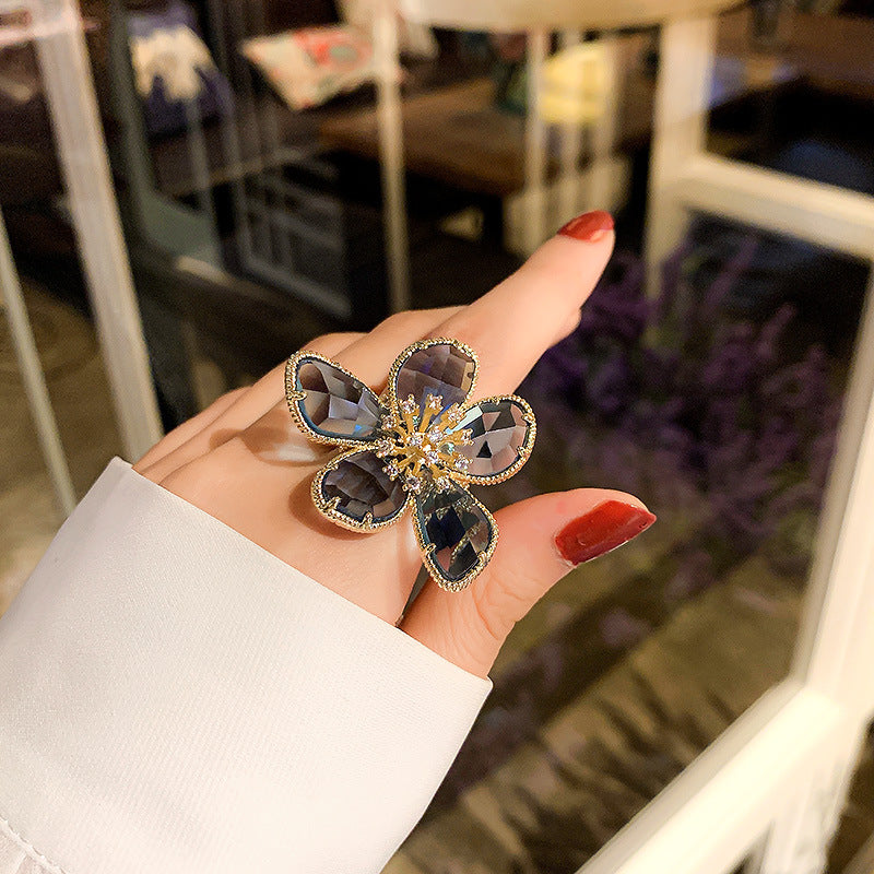 Women's Fashion Exaggerated Alloy Flower Light Luxury Minority Design Open Rings