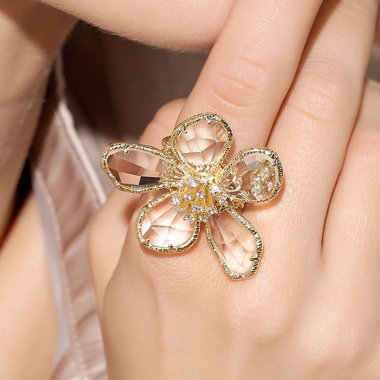 Women's Fashion Exaggerated Alloy Flower Light Luxury Minority Design Open Rings