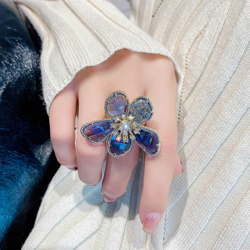 Women's Fashion Exaggerated Alloy Flower Light Luxury Minority Design Open Rings