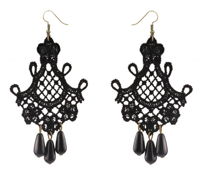 Women's Fashion Baroque Crystal Eardrops Black Lace Earrings