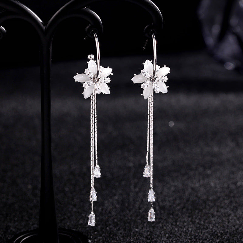 Fashion Creative Crystal Flowers Opal Long Earrings