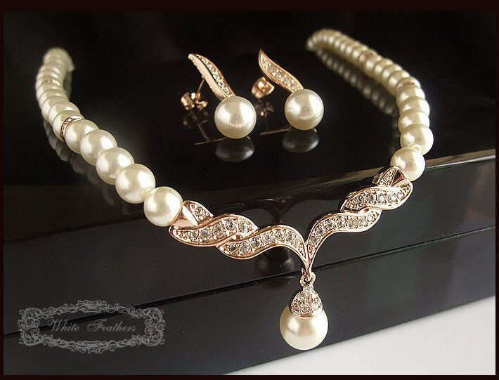 Korean Style Bridal Pearl Diamond Suite Two-piece Jewelry Set