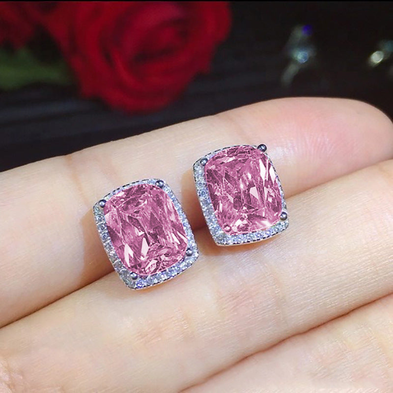 Women's Shi Exquisite Square Ear Full Diamond Inlaid Pink Stud Earrings