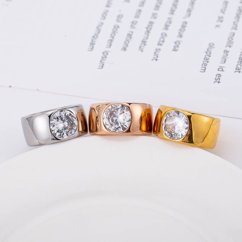 Men's Domineering Fashion Simple Retro Business Titanium Steel Wide Face Inlaid Ring