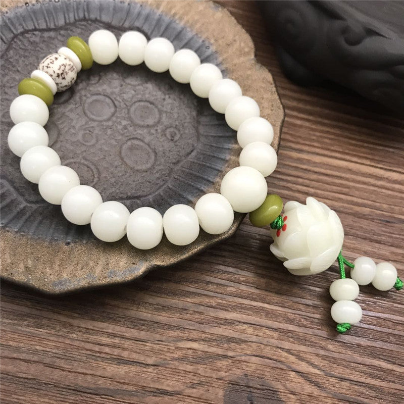 Women's & Men's White Jade Bodhi Root Lotus Pcs Rosary Beads Bracelet