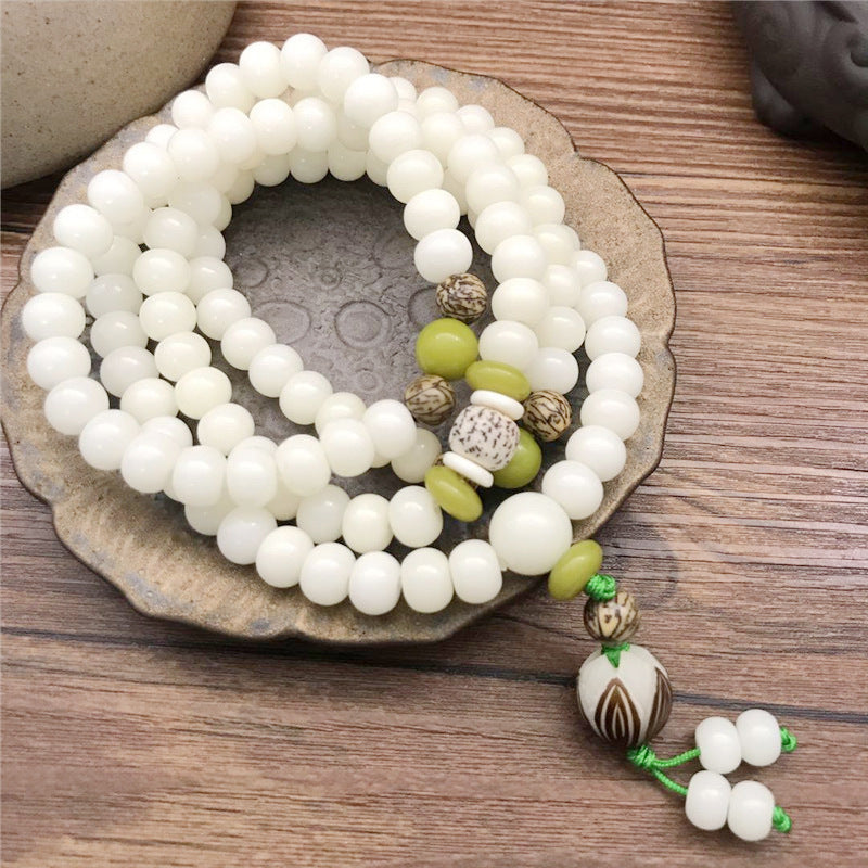 Women's & Men's White Jade Bodhi Root Lotus Pcs Rosary Beads Bracelet