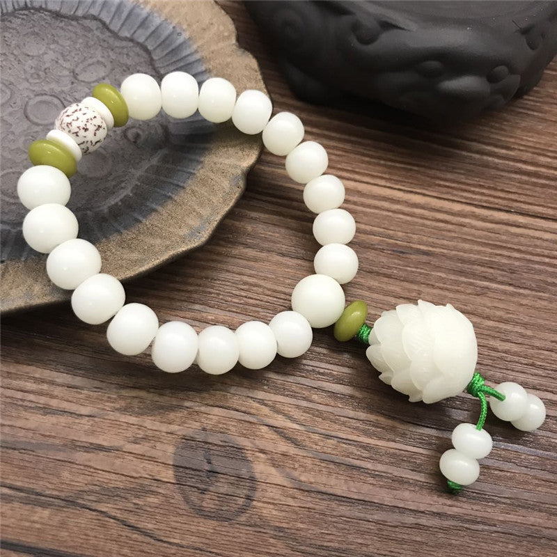 Women's & Men's White Jade Bodhi Root Lotus Pcs Rosary Beads Bracelet