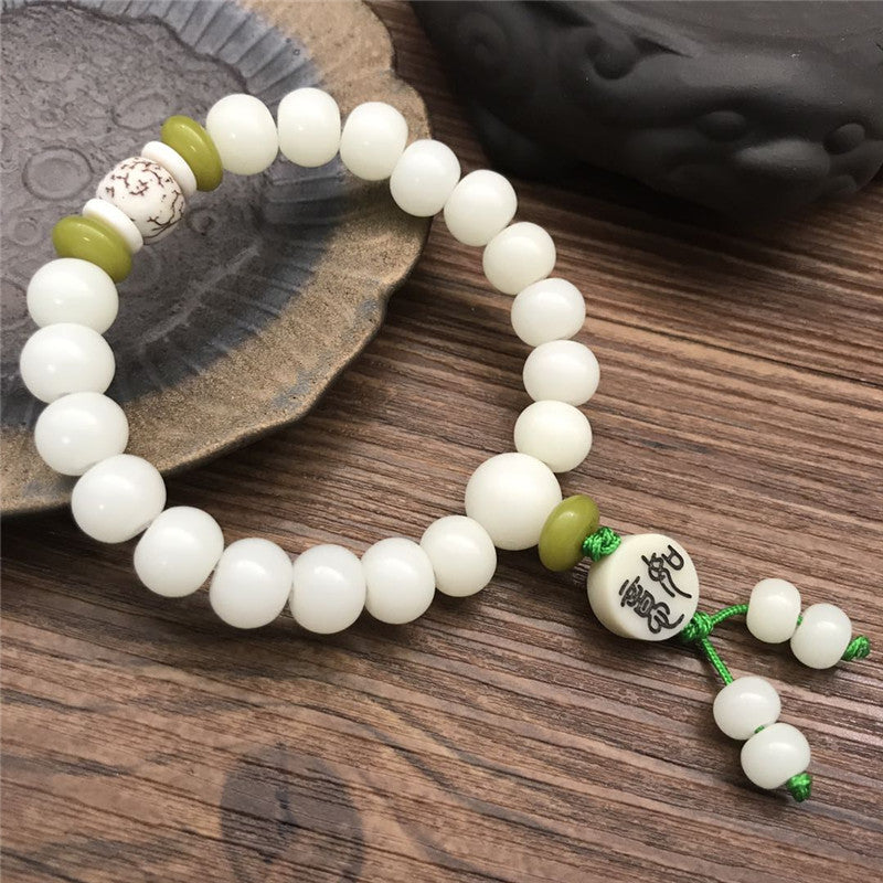 Women's & Men's White Jade Bodhi Root Lotus Pcs Rosary Beads Bracelet