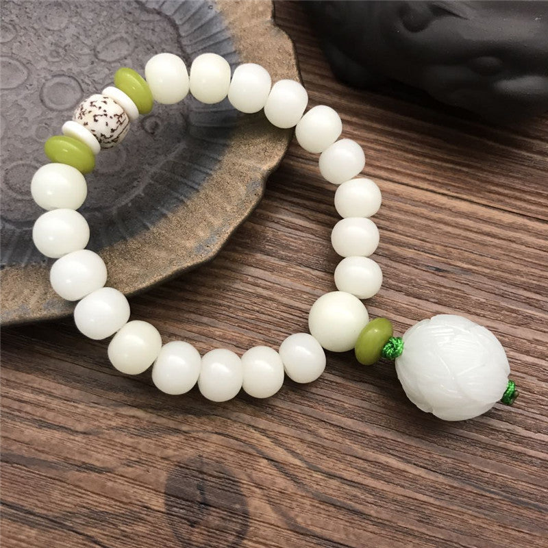 Women's & Men's White Jade Bodhi Root Lotus Pcs Rosary Beads Bracelet