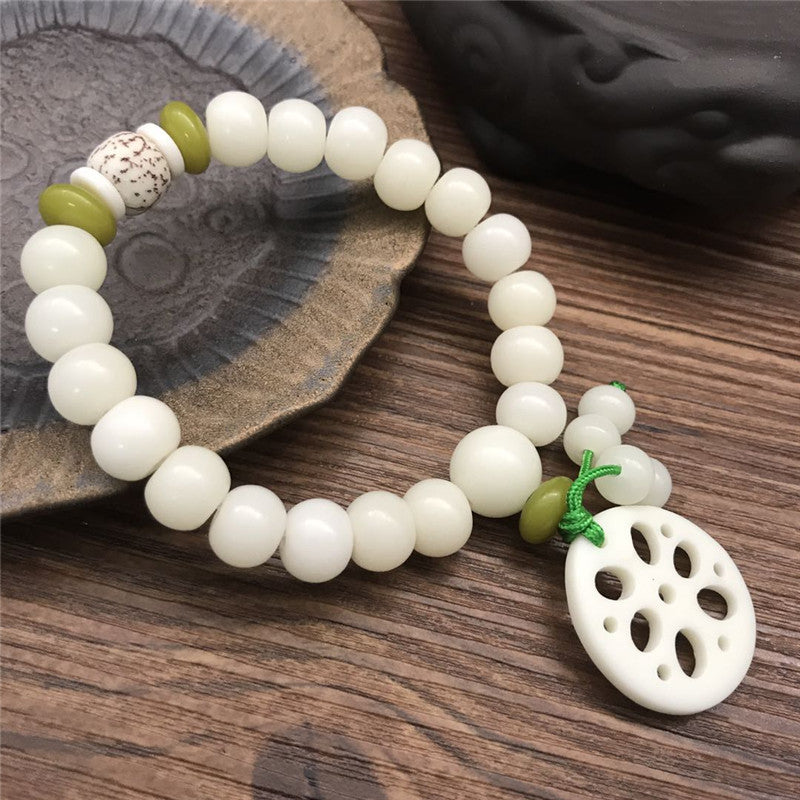 Women's & Men's White Jade Bodhi Root Lotus Pcs Rosary Beads Bracelet