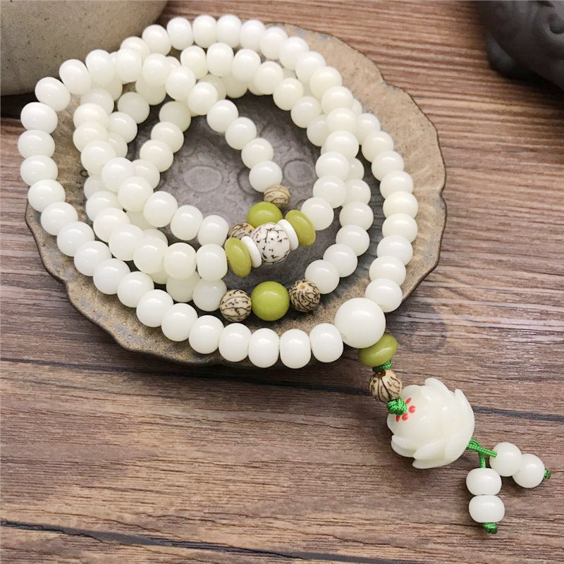 Women's & Men's White Jade Bodhi Root Lotus Pcs Rosary Beads Bracelet