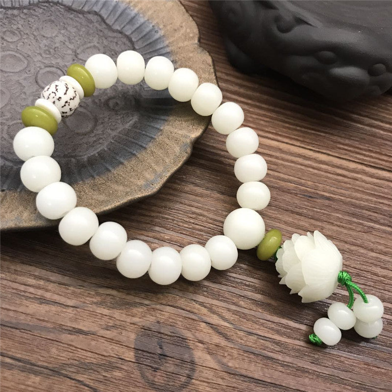 Women's & Men's White Jade Bodhi Root Lotus Pcs Rosary Beads Bracelet