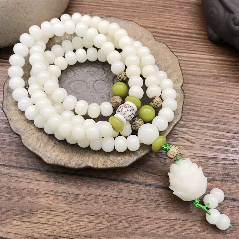 Women's & Men's White Jade Bodhi Root Lotus Pcs Rosary Beads Bracelet
