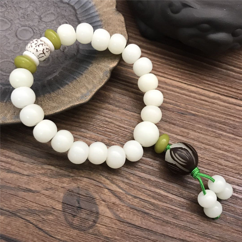 Women's & Men's White Jade Bodhi Root Lotus Pcs Rosary Beads Bracelet