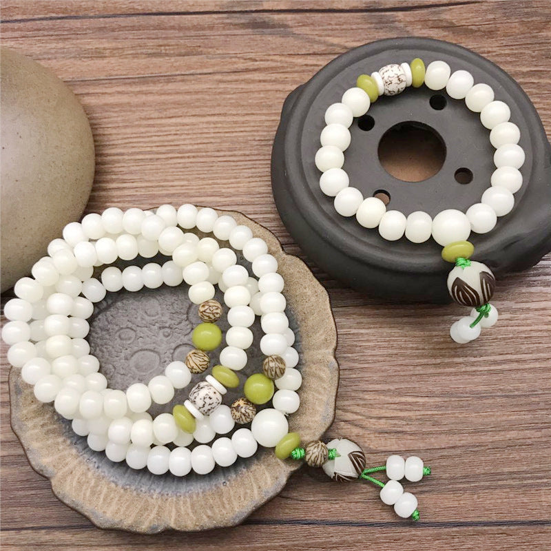 Women's & Men's White Jade Bodhi Root Lotus Pcs Rosary Beads Bracelet