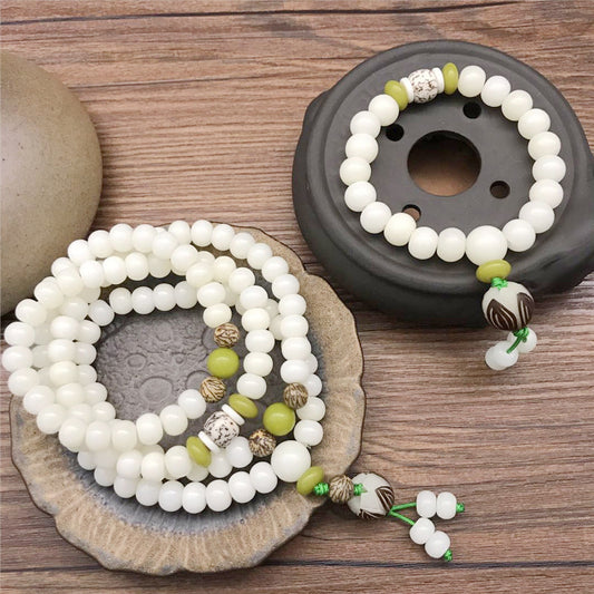 Women's & Men's White Jade Bodhi Root Lotus Pcs Rosary Beads Bracelet