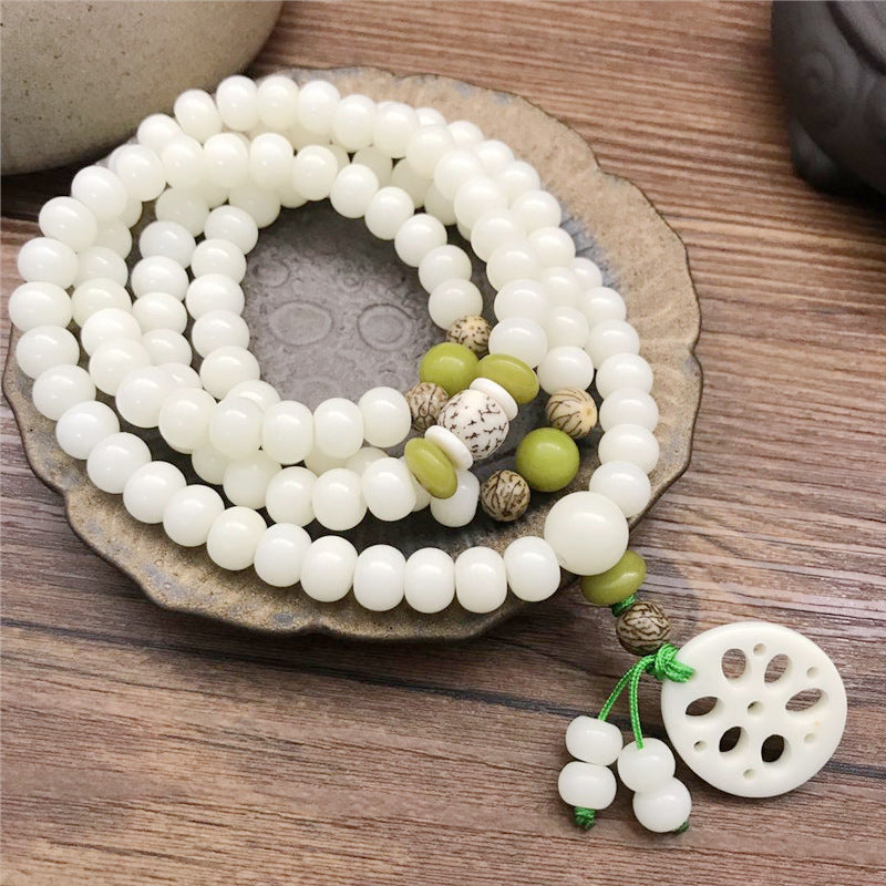 Women's & Men's White Jade Bodhi Root Lotus Pcs Rosary Beads Bracelet