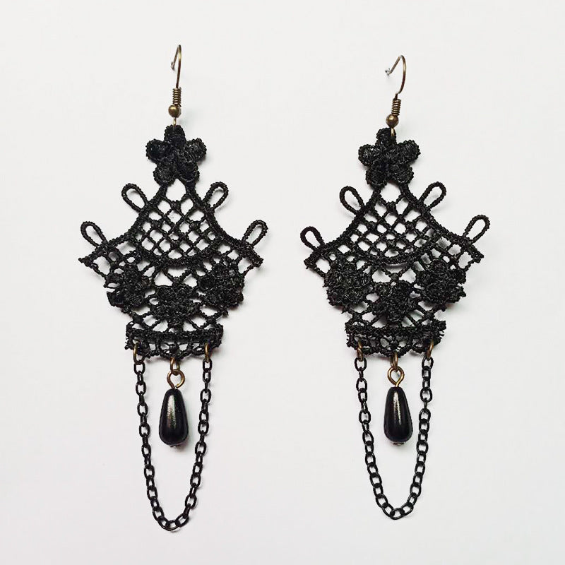 Women's Fashion Baroque Crystal Eardrops Black Lace Earrings