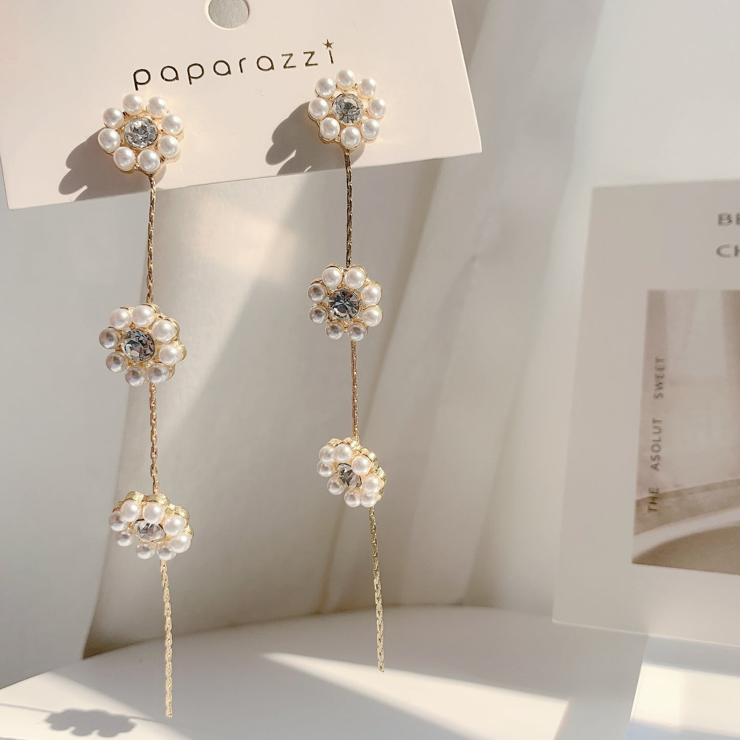 Sier Simple Graceful Micro Inlaid Pearls Flower Long Tassel Rings